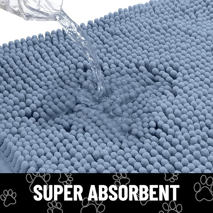 Smiry Dog Door Mat for Muddy Paws, Absorbent Dirt Trapper Non Slip Quick Dry Washable Chenille Mat for Mud Dogs, Entry Rug for Indoor and Outdoor (24x16 Inches, Airy Blue and White)
