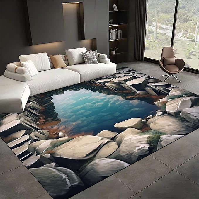 Visual Illusion Canyon Living Room Rug, 8x10ft, 3D Visual Effect Stream Indoor Throw Mat, Stone Crack Ultra Soft Home Decor Carpet, Thin Low Pile Machine Washable Rugs for Entrance