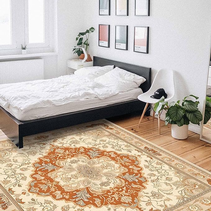 Orange Bohemian Rectangular Area Rugs for Living Room Bedroom 5 x 8 ft Vintage Farmhouse Floral Pattern Non-Shedding Soft Low Pile Rug Non Slip Washable Rug for Nursery Entryway Playroom
