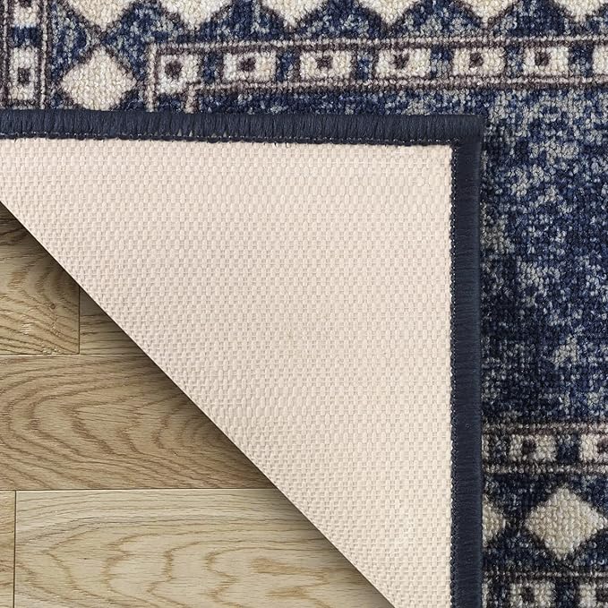 Antep Rugs Alfombras Modern Bordered 2pc Non-Skid (Non-Slip) Low Profile Pile Rubber Backing Indoor Kitchen Runner Rugs (Navy Blue, 2pc Set)