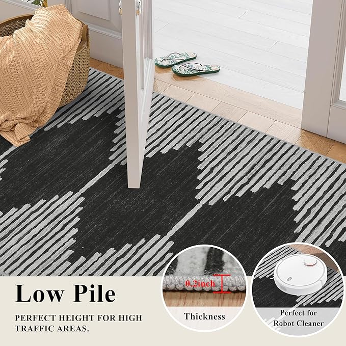 HelloTree Hallway Runner Rug，2x6 Moroccan Modern Stripe Carpet Washable Machine Bathroom Runner Bohemian Design Modern Soft Non Slip Indoor Rug for Entryway Hallway Laundry Room Bedroom-Black
