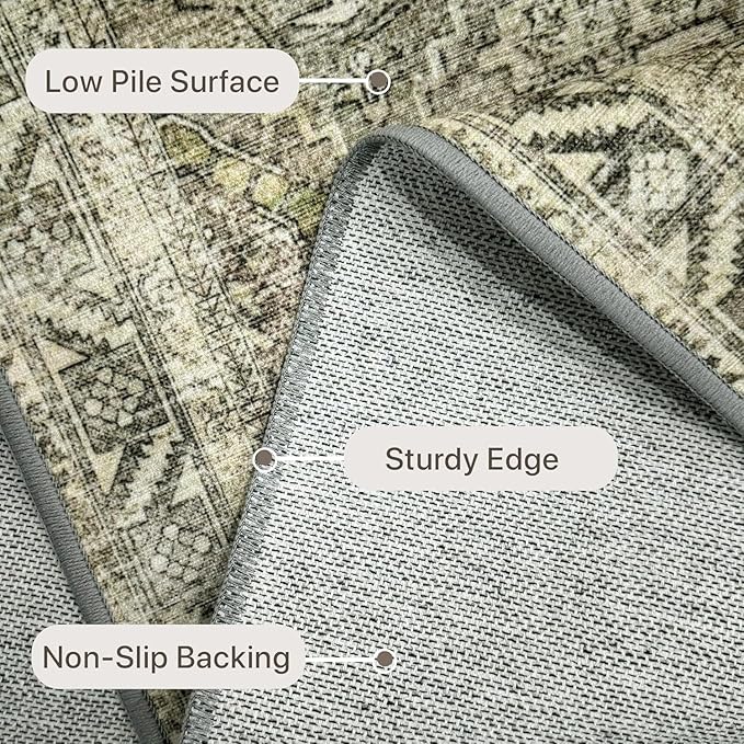 Bavni Area Rug 6x9 Machine Washable Vintage Distressed Print Ultra-Thin Chenille Bedroom Living Room Accent Rug, Low Pile Lightweight Non Slip with Gripper, Forgotten Sandstone