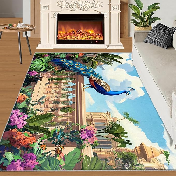 Peacock Rugs for Living Room - 2x3 Rug, Tropical Palm Leaves Area Rugs for Bedroom, Peacock Decor Rug, Floral Animal Washable Carpet, Peafowl Carpet - Peafowl Home Decor & Gifts