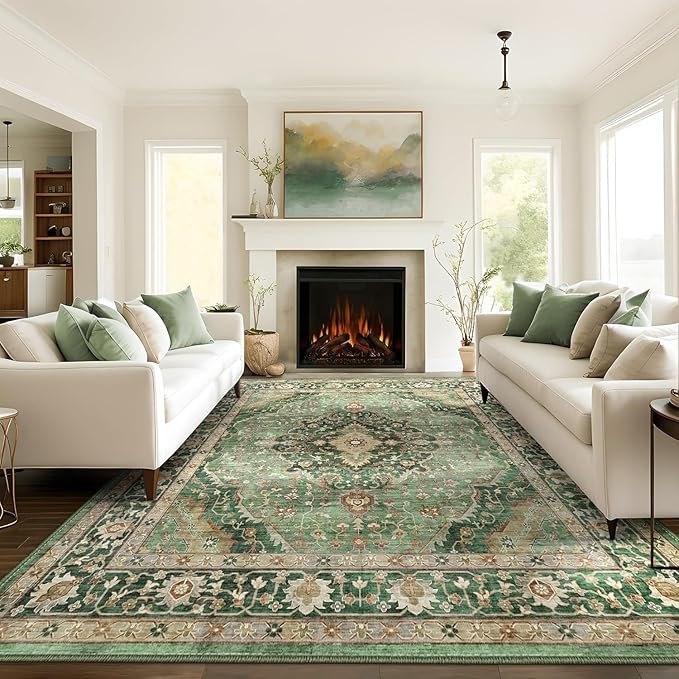 Deerly Green Rug 8x10 Area Rug for Living Room Bedroom Washable Rugs Large Boho 8x10 Rug for Dining Room Carpet Non-Slip Distressed Carpet Rugs Print Floor(Border Green)
