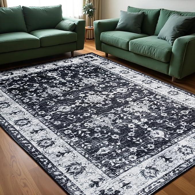 Area Rug for Living Room, 9x12 Machine Washable Non Slip Large Faux Wool Throw Rug, 0.3″ Low Pile & Non-Shedding Boho Large Carpet Rugs for for Dining Room, Bedroom, Office (Black White)