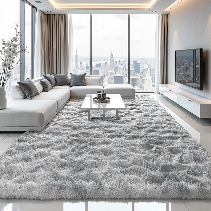 Zentavio Grey and White Area Rugs for Living Room Large Men Room Carpet 8x10 Bedroom Fluffy Furry Shag Aesthetic Plush High Pile Floor Rug for Kids Room Dorm Home Decor Tie-Dyed
