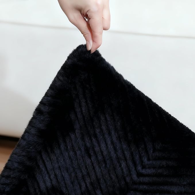 Area Rug for Living Room - 5x7 Soft Faux Rabbit Fur Modern Geometric Wave Carpet for Bedroom, Black