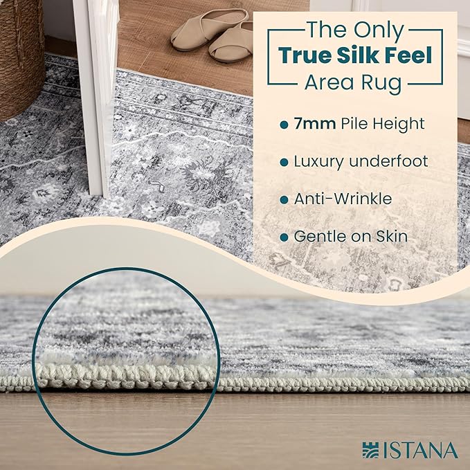 Istana Hallway Runner Rug 2x6 - Grey Kitchen Rugs Non Slip Washable -Silk's Soft Touch Carpet Runner - Stylish Rug for Home