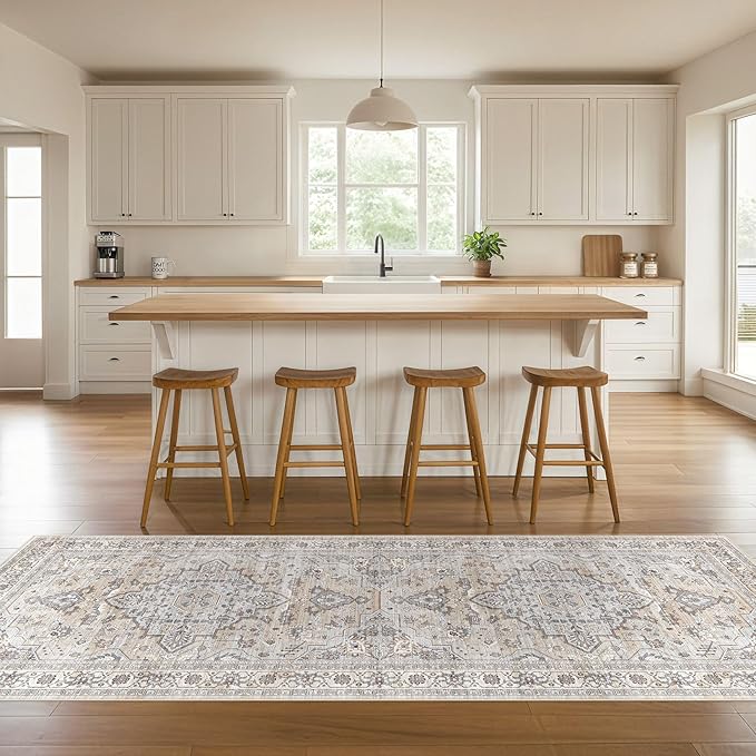 Runner Rug Kitchen Washable Rugs: 3x10 Non-Slip Boho Soft Vintage Stain Resistant Indoor Floor Neutral Farmhouse Throw Carpet for Hallway Bathroom Laundry Room Entryway Bedroom- Ivory Gray