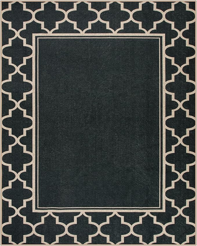 Moynesa Moroccan Easy Jute Outdoor Rug 8x10, Black Washable Living Room Rug Indoor Outdoor Patio Rug Non Slip, Geometric Farmhouse Carpet for Backyard Bedroom Dining Room