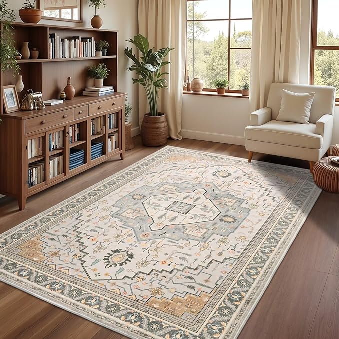 3x5 Grey Beige Area Rug for Living Room, Machine Washable Rugs with Non-Slip Backing for Bedroom, Vintage Medallion Carpet Kitchen Laundry Kids Room Decor