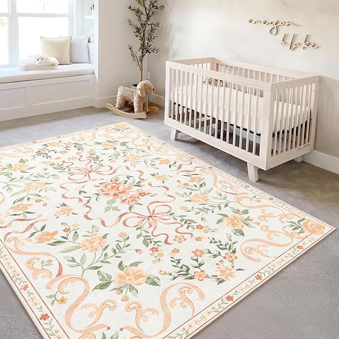 Orange Rug Bow Floral Rug for Girls, 5x7 Washable Area Rugs for Bedroom Living Room, Kitchen,Dining Room,Kids Room, Playroom, Cute Ultra-Thin Non Slip Low Pile Indoor Carpet