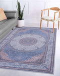 GLN Rugs Traditional Collection - Machine Washable Area Rug, Traditional Washable, Non Slip, Low Pile Chenille Rug, Living Room, Bedroom, Kitchen Rug (6' x 9' Navy/Off White)
