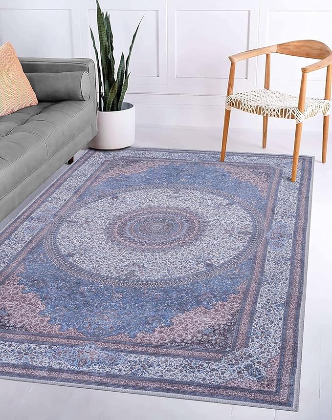 GLN Rugs Traditional Collection - Machine Washable Area Rug, Traditional Washable, Non Slip, Low Pile Chenille Rug, Living Room, Bedroom, Kitchen Rug (5' x 7' Navy/Off White)