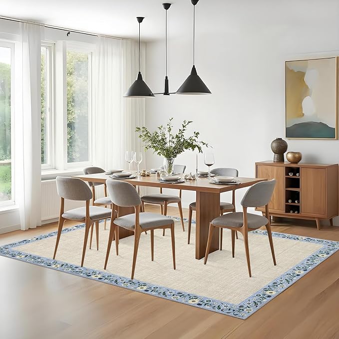 GarveeHome Washable Rugs for Living ROM 8 x 10 Large Area Rug Farmhouse Floral Bordered Bedroom Carpet Indoor Non-Slip Nursery Mat Soft Non Shedding Stain Resistant Carpet for Dining Room, Beige