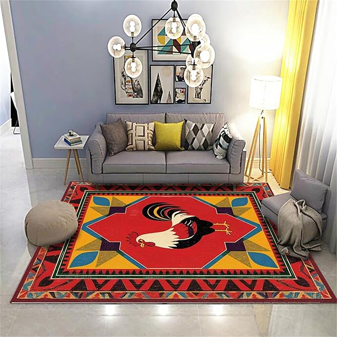 Country Rooster Rugs，6x8ft,Colorful Geometric Rooster Pattern Rug，Rooster Pattern Colorful Rug. Ethnic Vintage Design Non-Slip Washable Floor Mat for Living Room Bedroom Farmhouse Home Office