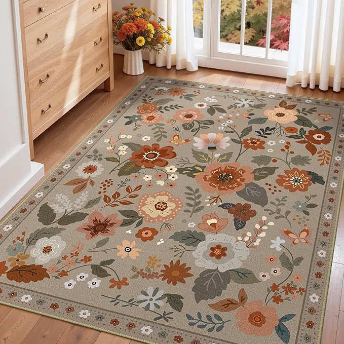Floral 5x7 Area Rug Machine Washable Soft Print Boho Carpet Non Slip Doormat Low Pile Flower Area Rugs for Living Room Bedroom Nursery Kitchen Dining Room Indoor-Brown/Brick