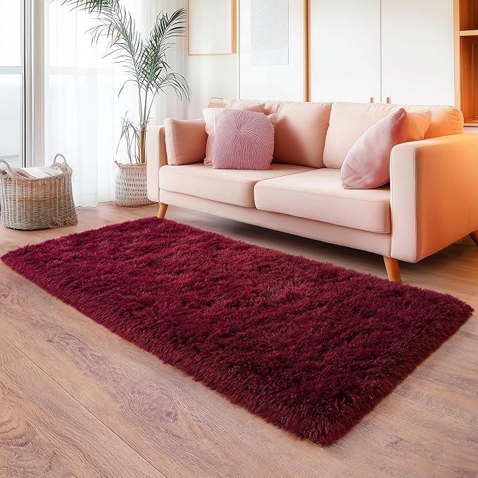 Burgundy Runner Rug for Hallway, Bedroom Bedside Plush Rugs, Non Slip Fluffy Shaggy Carpet for Kids Home Decor, Dorm Nursery 2x6 Ft