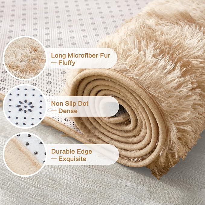 Andency Soft Area Rugs for Living Room Bedroom, 3x5 Non-Slip Fluffy Shag Carpet, Indoor Floor Fuzzy Shaggy Living Room Plush Rug for Kids Dorm Nursery Home Decor Aesthetic, Tie-Dyed Beige