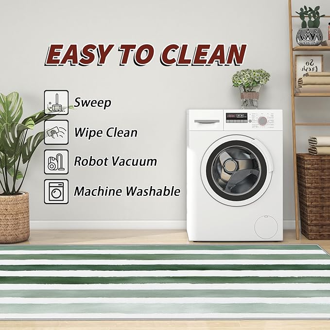 6x8 Rug Non Silp - Striped Rugs for Living Room, Green and White Stripe Minimalist Watercolor Low Pile Machine Washable Area Rugs for Bedroom, Striped Carpet House Decor & Gifts