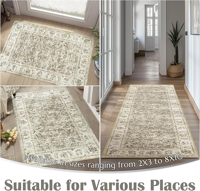 jinchan Fiora Runner Rug 2x6 Washable Hallway Runner - Vintage Floral Non Slip Low-Pile Soft Thin Kitchen Rug Distressed Carpet for Farmhouse Bedroom Entryway Laundry Room(2x6ft, Taupe)
