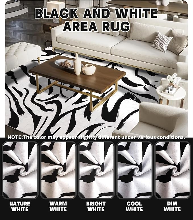 YIHOUSE Modern Area Rugs for Bedroom,5x7 Washable Black and White Rug, Thin Abstract Geometric Minimalist Striped Rug, Black Rugs for Bedroom,Kitchen,Dining Room Office