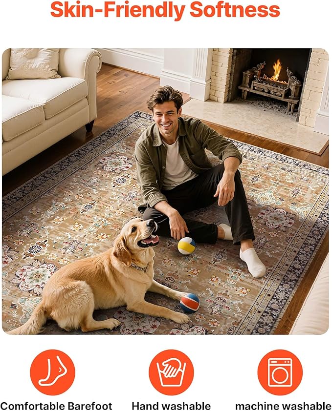 VEVOR 7.5 x 9.5 ft Area Rug Large Washable Rug Non-Slip and Tear-Resistant Soft Carpet Pet & Child Friendly Vintage Area Rugs Indoor Mat for Bedroom Living Room Office Entryway Brown Green