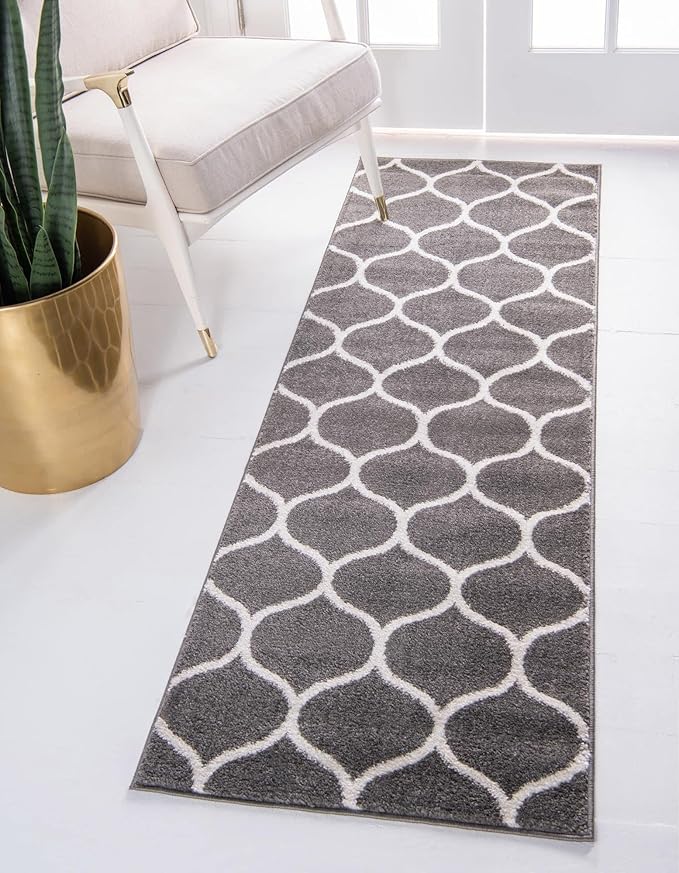 Rugs.com Lattice Frieze Collection Rug – 2' x 8' 8 Runner Dark Gray Medium Rug Perfect for Living Rooms, Large Dining Rooms, Open Floorplans