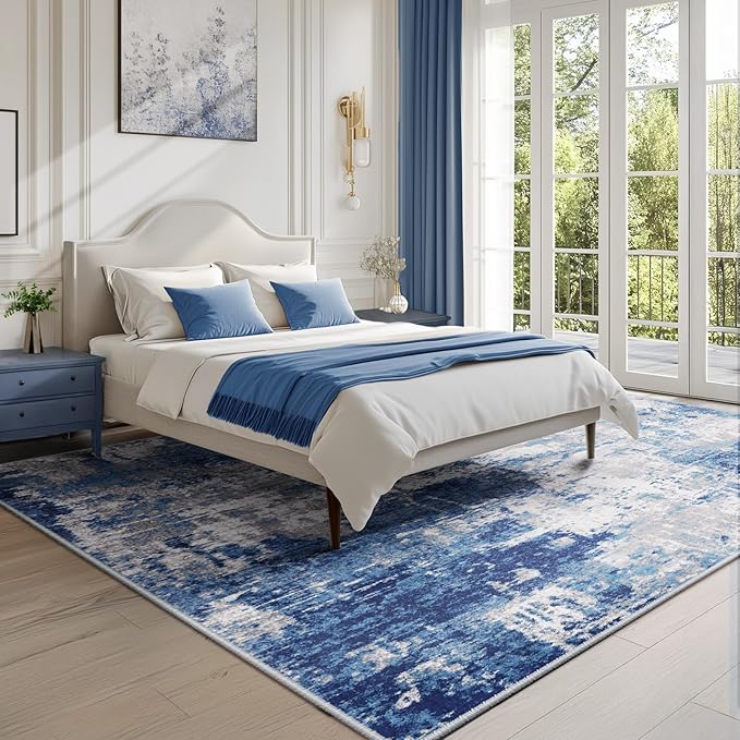 Washable Area Rugs 10'x14' Non-Slip Modern Abstract Soft for Living Room Entryway Bedroom Nursery, Print Pattern, Blue Grey Navy Gray