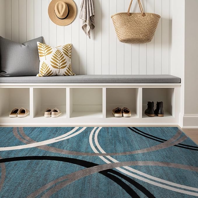 Rugshop Modern Wavy Circles Design Area Rug, Fade-Resistant Carpet for Living Room, Bedroom, or Dining Room, Blue, 5'3" x 7'3"