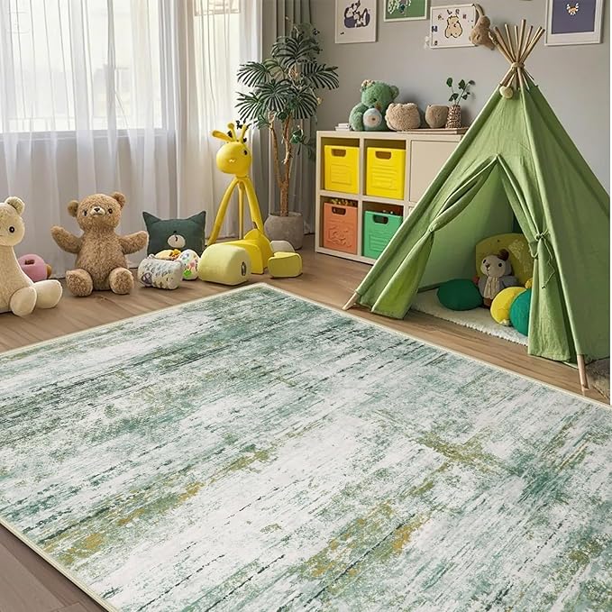 5x7 Abstract Area Rugs for Living Room, Modern Washable Indoor Rug for Bedroom, Thin Soft Large Non-Slip Carpet for Dining Room Home Office Farmhouse Decor - Abstract Army Green