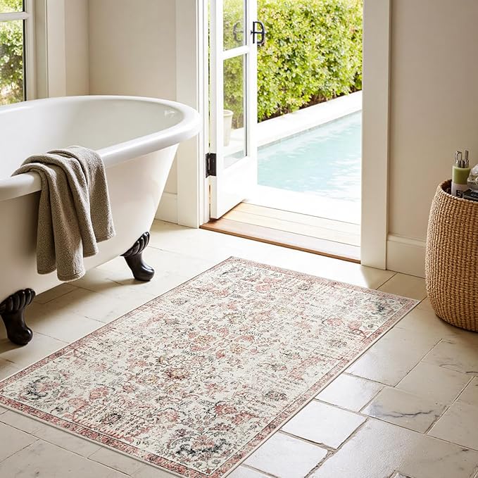 jinchan Kalen Area Rug 3x5 Washable Entryway Rug Vintage Door Mat Indoor Entrance Thin Retro Distressed Floral Doormat Country Boho Lightweight Non Slip Carpet for Bathroom Kitchen Bedroom Red Multi