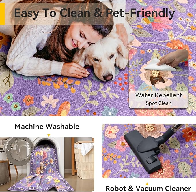 Floral 6x9 Area Rug Machine Washable Soft Print Boho Carpet Non Slip Doormat Low Pile Flower Area Rugs for Living Room Bedroom Nursery Kitchen Dining Room Indoor-Purple/Pink/Multi