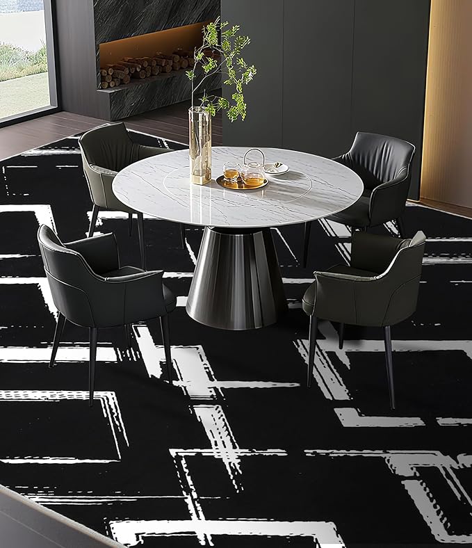 YIHOUSE Black Modern Geometric Area Rug 8x10, Black and White Rug with Abstract Diamond Patterns,Non-Shedding Washable Rugs for Bedroom, Home Office and Living Room