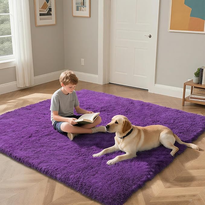 Purple Fluffy Rug Shaggy Area Rug, 4x6 Area Rugs for Girls Bedroom, Soft Cute Baby Play Mat, Indoor Floor Carpet for Teen, Nursery, Preppy Dorm, Plush Aesthetic Bedside Rug