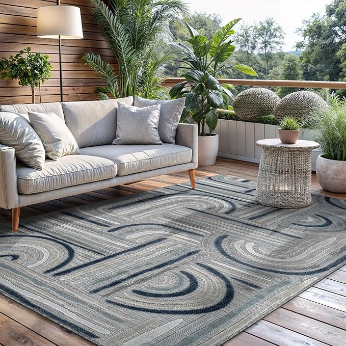 CAMILSON Indoor Outdoor Rug, Blue 5x7 Geometric Arch Striped Area Rugs for Patio and Home Areas, Easy-Cleaning Non-Shedding Living Room, Garden and Deck Washable Outside Carpet (5 x 7)