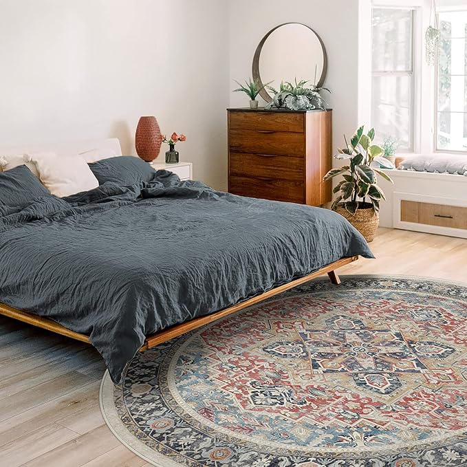 RUGGABLE Washable Vintage Area Rug – Kamran Cayenne Red 8 ft Round, Stain-Resistant, Non-Slip – Large Machine Washable Rugs for Living Room, Bedroom, Hallway, Entryway & Office–with Standard Pad