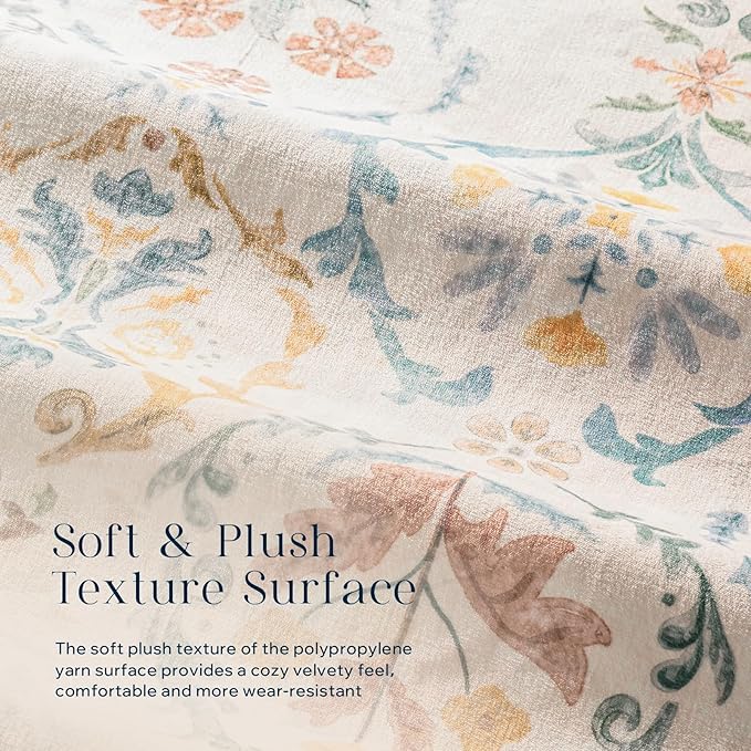 Phantoscope Washable Area Rug 9'x12' Non-Slip, Vintage Floral Boho Rugs for Living Room, Bedroom, DiningRoom, Soft Botanical Moroccan Pattern, Low-Pile Foldable Floor Carpet, Ivory Pink/Boho Garden