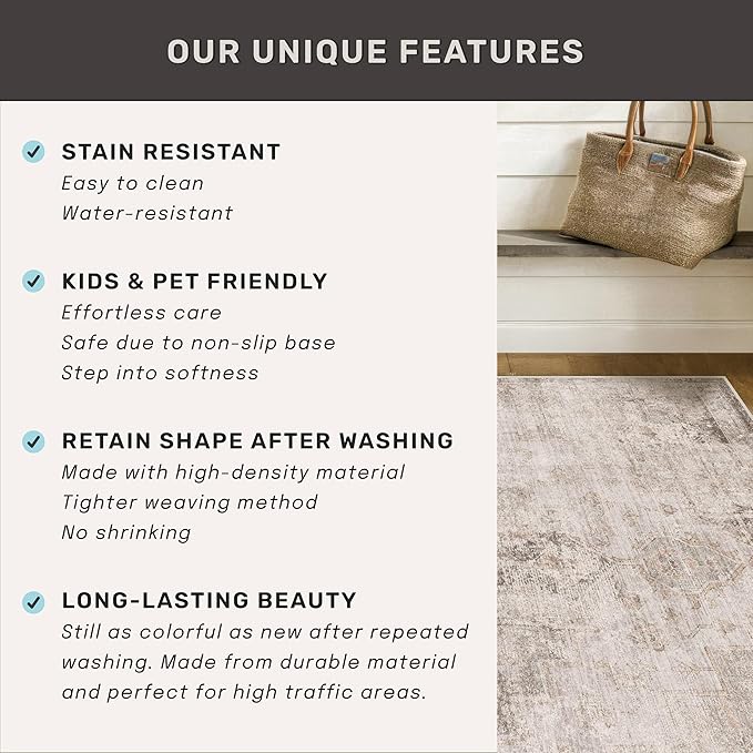 Neutral Farmhouse Area Rug for Bedroom - 6x8 Washable Rug for Dining Room Table, Ultra-Thin Soft Textured Boho Indoor Decor, Fade & Stain Resistant