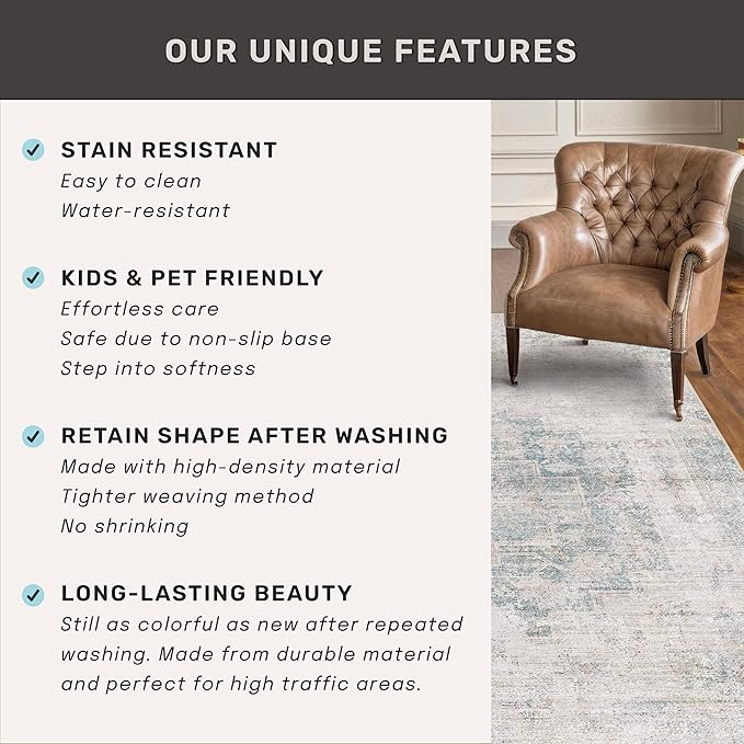 Washable Light Blue Rugs for Entryway Indoor - 3x5 Throw Rug for Large Kitchen, Bedroom Bedside, Bathroom, Mudroom, Mordern Abstract Medallion Aqua Décor, Non Slip Low Pile Fade Resistant