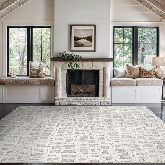 Beverly Rug Micro Loop Area Rug Gray/White 8x10 Abstract Modern Luxury Irregular Grid Durable Soft Indoor Rugs for Living Dining Room Office Stain Resistant Non Shedding Casual Indoor Carpet 8 x 10