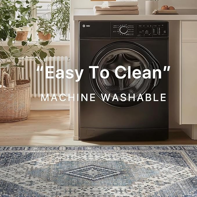 GENIMO 8x10 Area Rugs for Living Room, Machine Washable Non Slip Vintage Rugs, Low Pile Lightweight Chenille Print Rug for Bedroom, Dining Room, Home Office, Navy/Cream