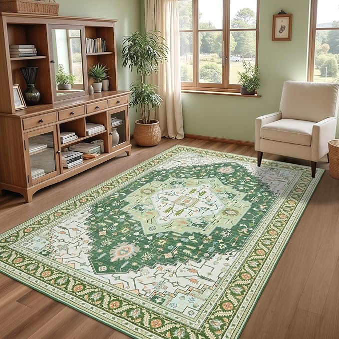 3x5 Green White Area Rug for Living Room, Machine Washable Rugs with Non-Slip Backing for Bedroom, Vintage Medallion Carpet Kitchen Laundry Kids Room Decor