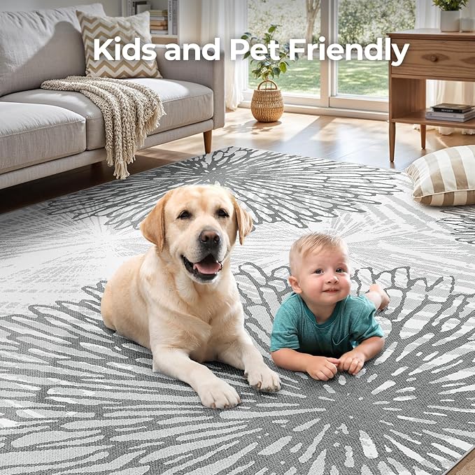WITSHOCK 8x10 Washable Rug for Living Room,Modern Floral Distress Print Pattern Area Rugs,Stain Resistant with Non Slip Backing Carpet for Dining Room,Bedroom & Home Decor,Grey White