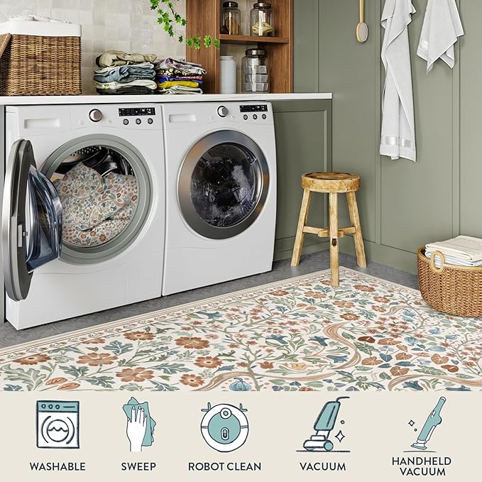 Lahome Floral 5x7 Beige Bedroom Rug, Non-Slip Washable Area Rugs for Nursery, Botanical Soft Boho Carpet Floor Mats for Kids, Playroom, Living Room