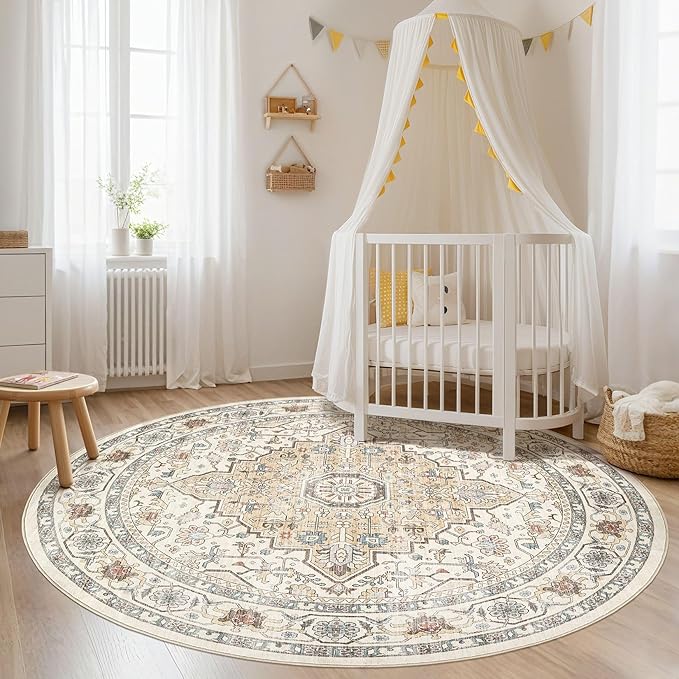 Round Rug Living Room Rugs: 8Ft Washable Boho Neutral Large Circle Soft Indoor Floral Stain Resistant Floor Farmhouse Carpet for Bedroom Nursery Kids Playroom Office Dining Room Dorm Home- Cream Blue