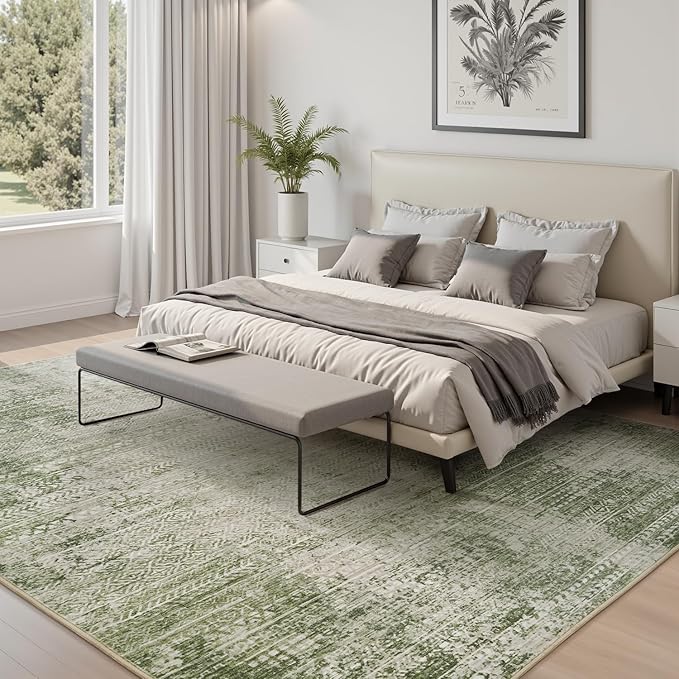 5x7 Area Rugs for Living Room Non Slip Machine Washable Rug Distressed Abstract Soft Indoor Carpet Neutral Boho Rug for Bedroom Dining Room Playroom Office, Green