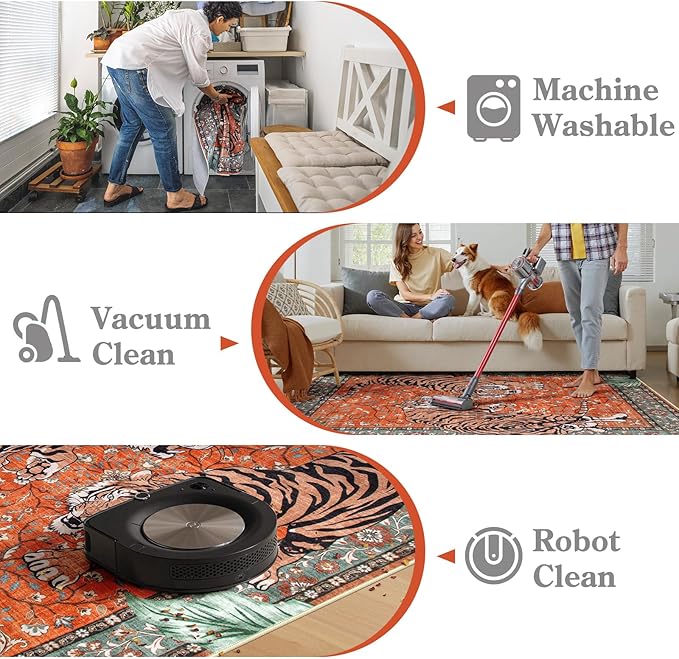 Moynesa Tiger Washable Rugs, 8x10 Area Rugs for Living Room, Soft Large Vintage 8x10 Bedroom Rug, Botanical Non Slip Ultra Thin Floor Carpet for Dining Room Home Office, Rust