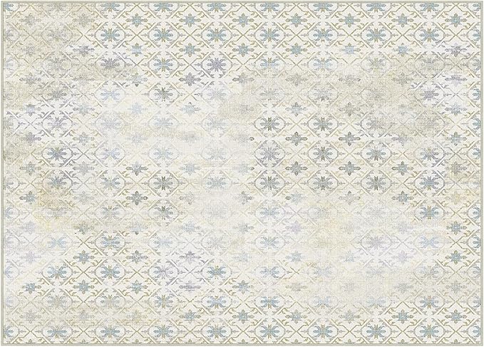 Phantoscope Geometry Collection Area Rug 5'x7' for Living Room - Washable Rug Large Boho Carpet Non-Slip for Bedroom Dining Room, Indoor Low-Pile Neutral Distressed Accent Rug, Teal Floral/Beige