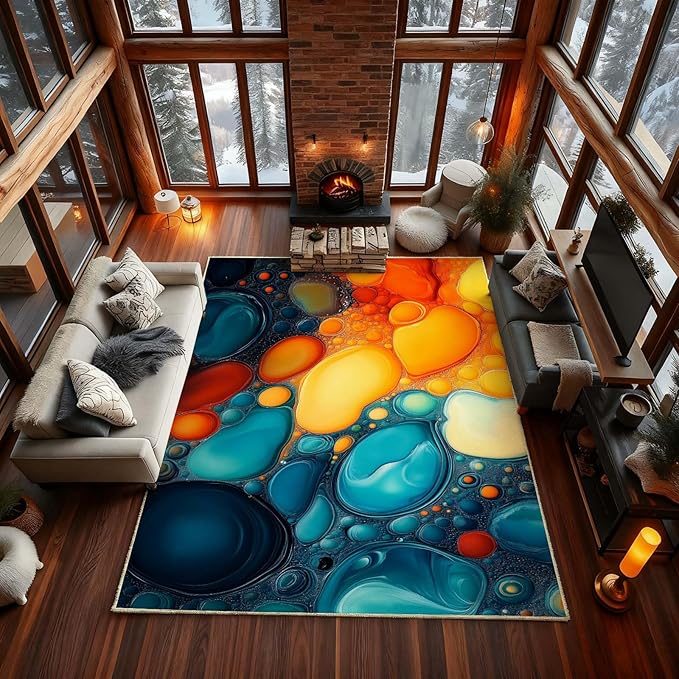 Modern Abstract Area Rug, Fluid Art Abstract Area Rug, Modern Colorful Bubbles Rugs, Geometric Rugs, Washable Non Slip Soft Alcohol Ink Carpet for Living Room (8' x 12'(Rectangular))